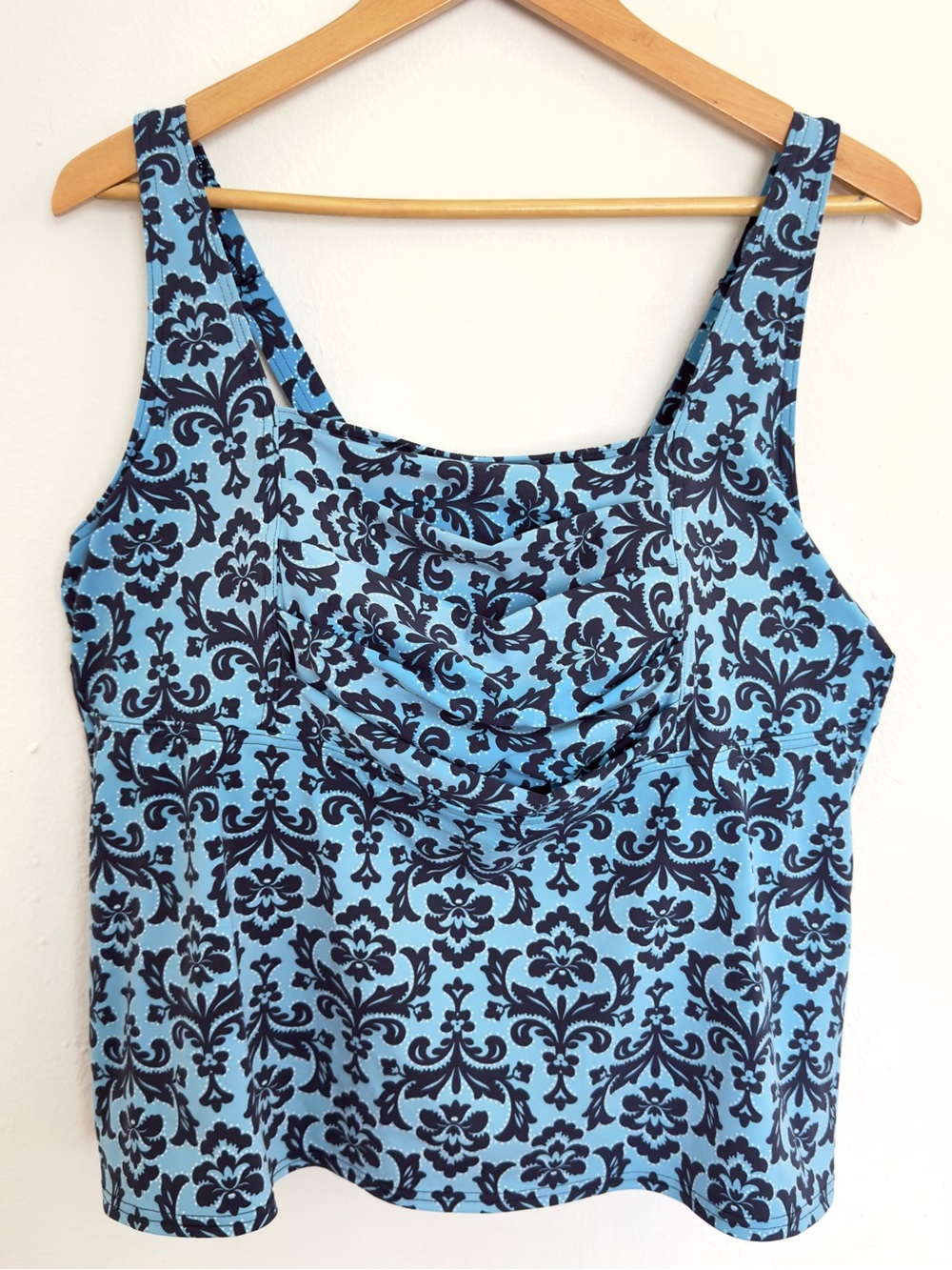 Land’s End Tankini Swim Top 18W Blue Damask Floral Ruched Adjustable Strap